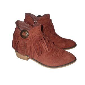 Miim Thea Western Fringe Slouch Bootie Women 8.5 Brown‎ Suede side Zip Concho